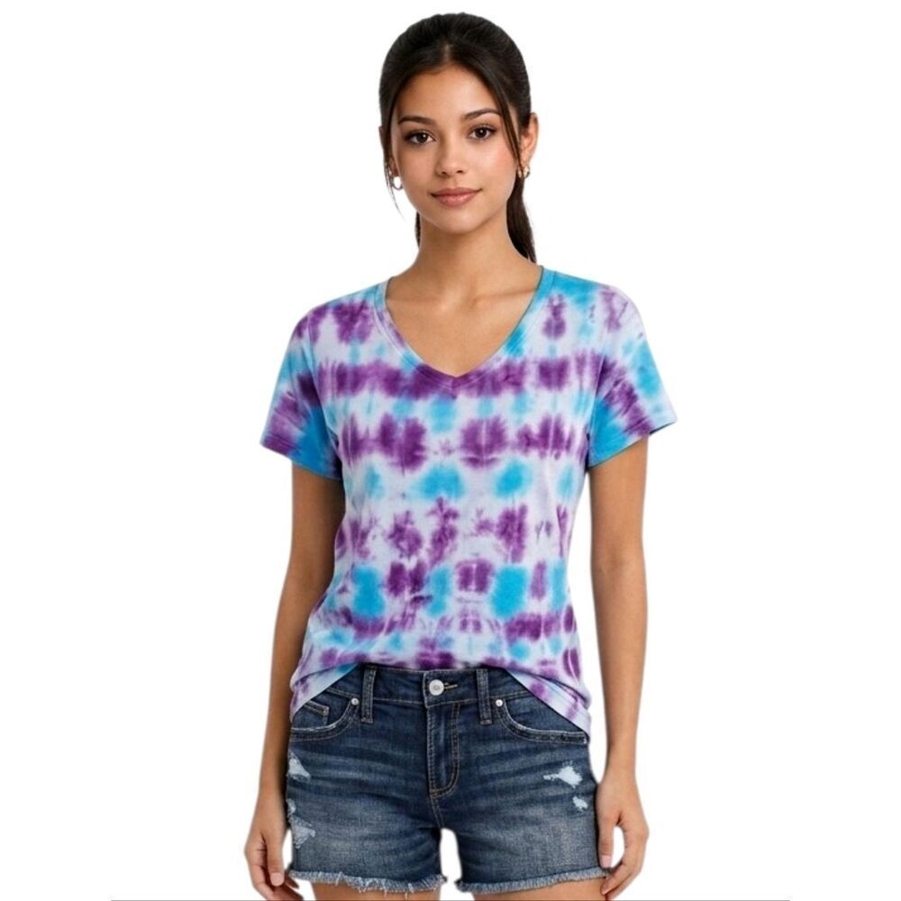 Gildan Purple V-neck Short Sleeve Tie-Dye T-shirt Size XL